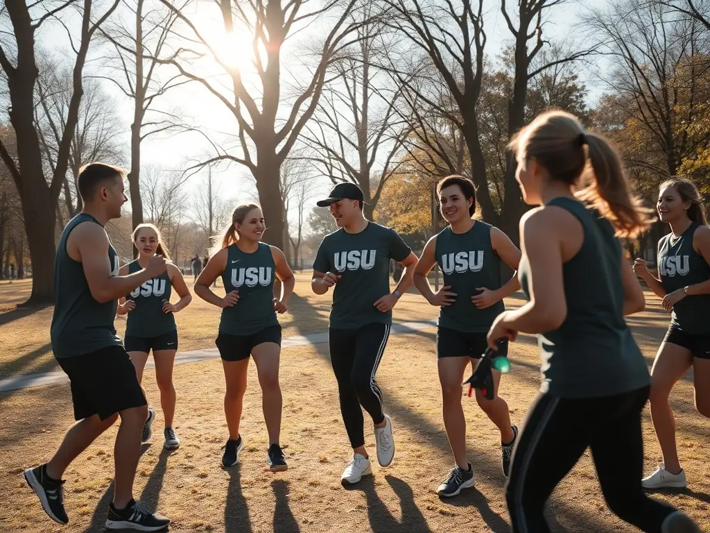 A vibrant image showcasing USU sports club members participating in a team-building exercise during a recreational event organized by ASS AMICALE DES JOUEURS DE L’USU.