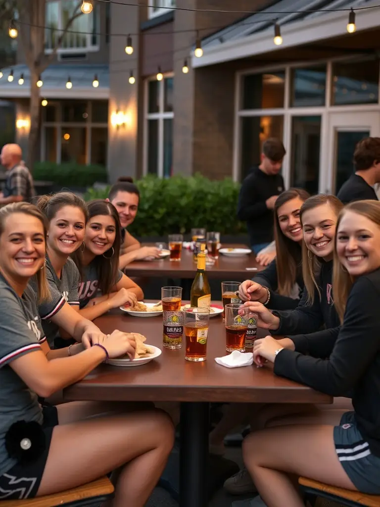 A group of USU sports club members gathered for a social event, enjoying food, drinks, and conversation in a relaxed and informal setting, promoting social interaction.