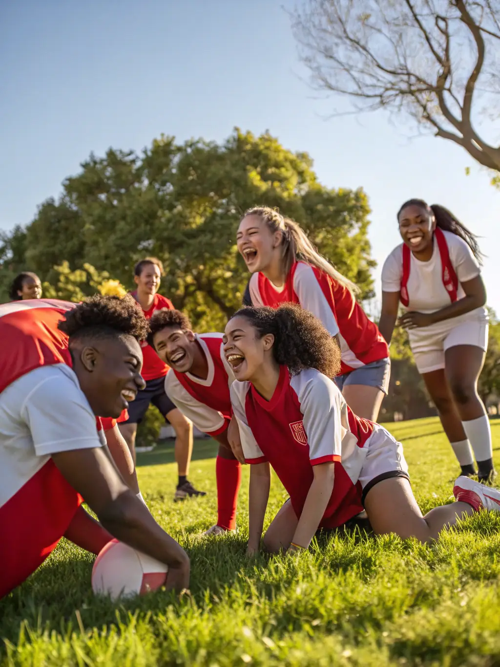 A group of USU sports club members participating in a team-building exercise outdoors, smiling and engaged in a physical challenge, showcasing camaraderie and teamwork.